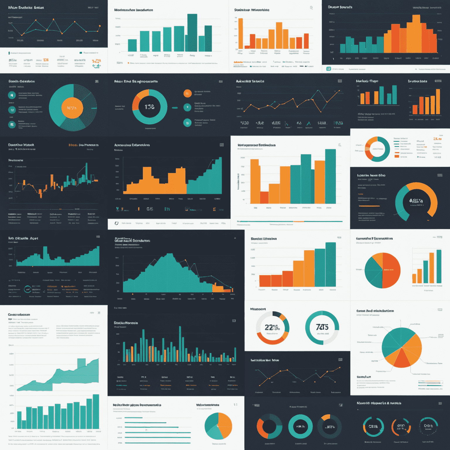 A collage of modern data visualization examples, including interactive charts, 3D graphs, and VR data environments