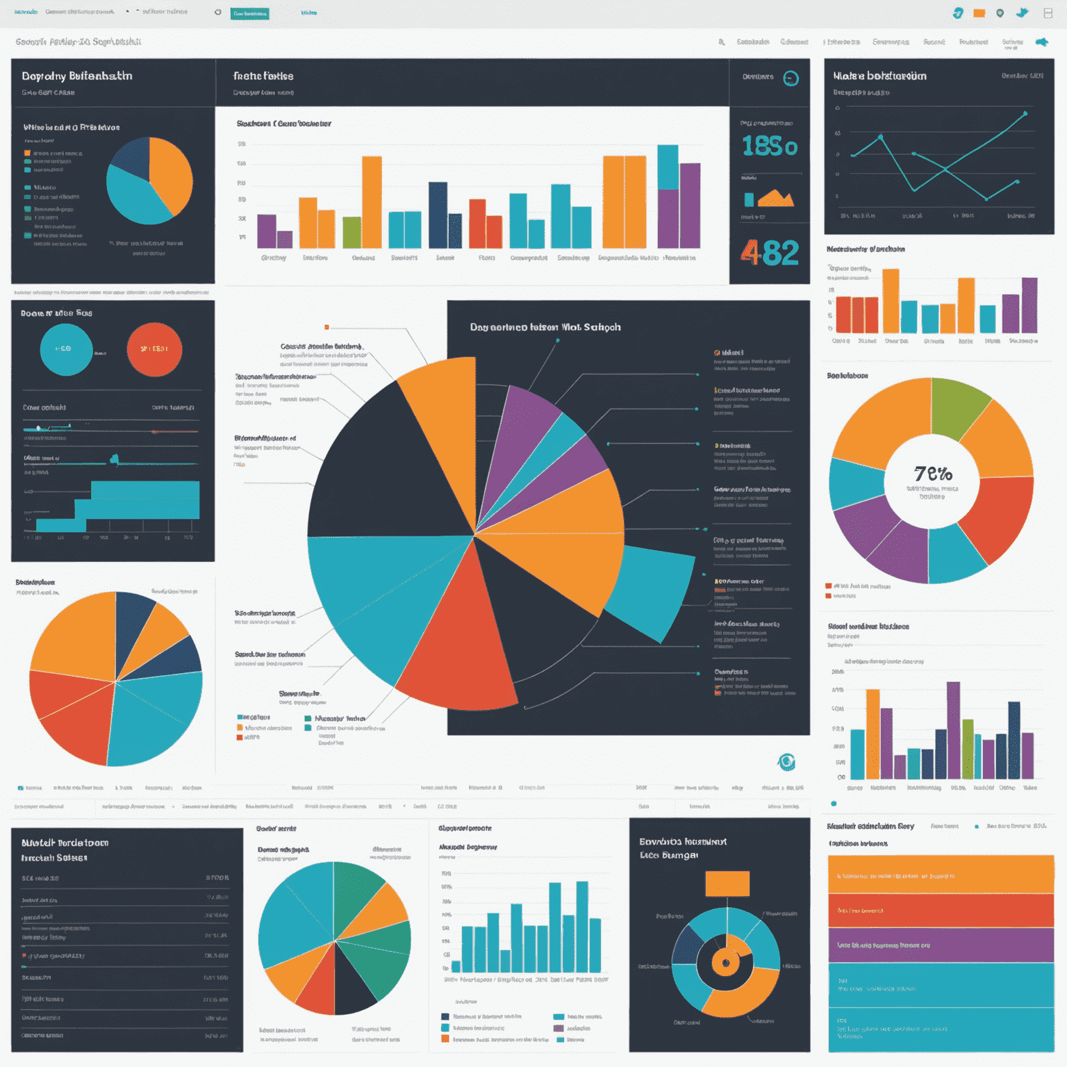 A complex data set transformed into an interactive, colorful chart with various graph types such as bar charts, line graphs, and pie charts, showcasing the power of data visualization