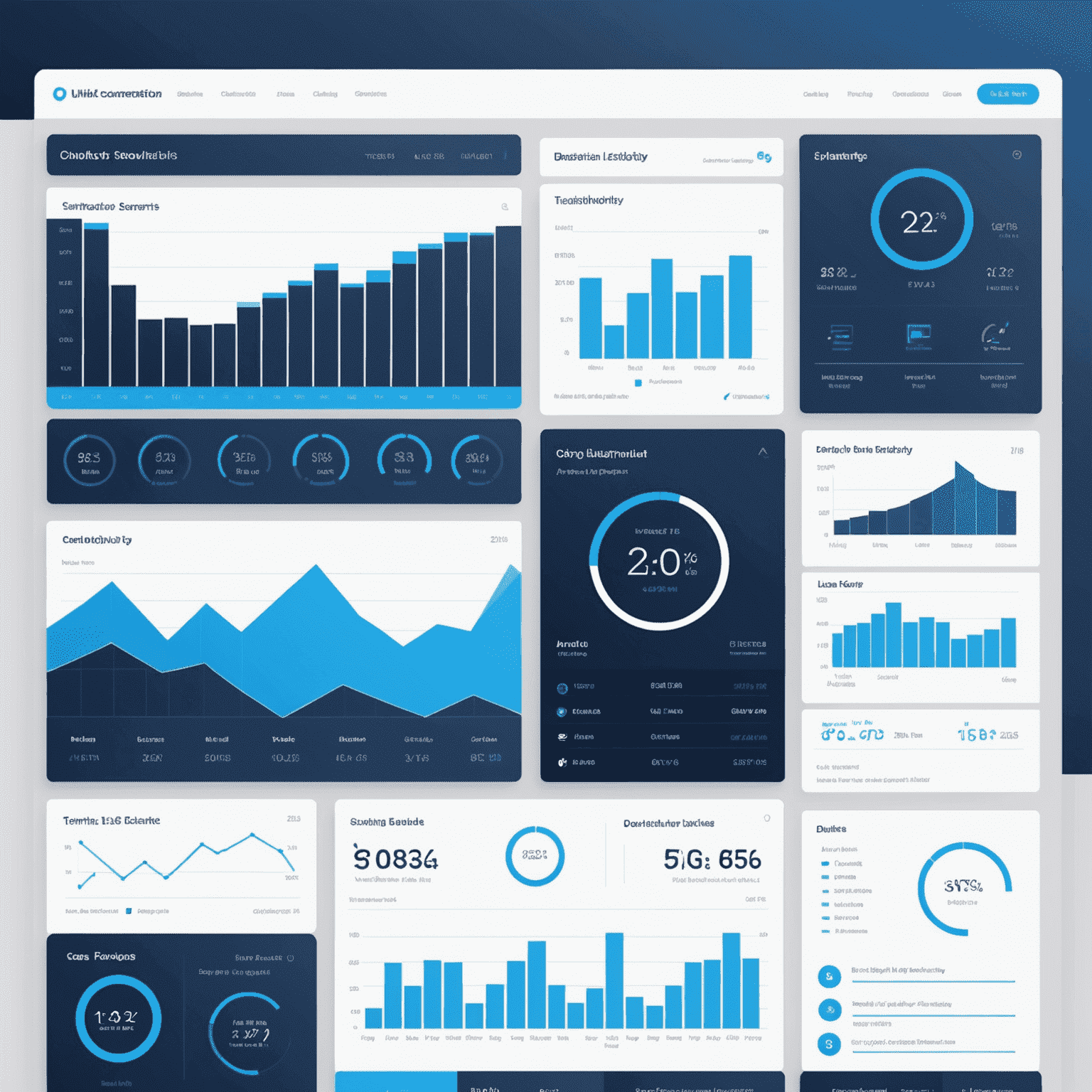 A modern, sleek custom dashboard interface showcasing various data visualizations including line charts, bar graphs, and KPI metrics. The dashboard has a clean layout with a deep blue header, white background, and vibrant blue accent colors for key elements.