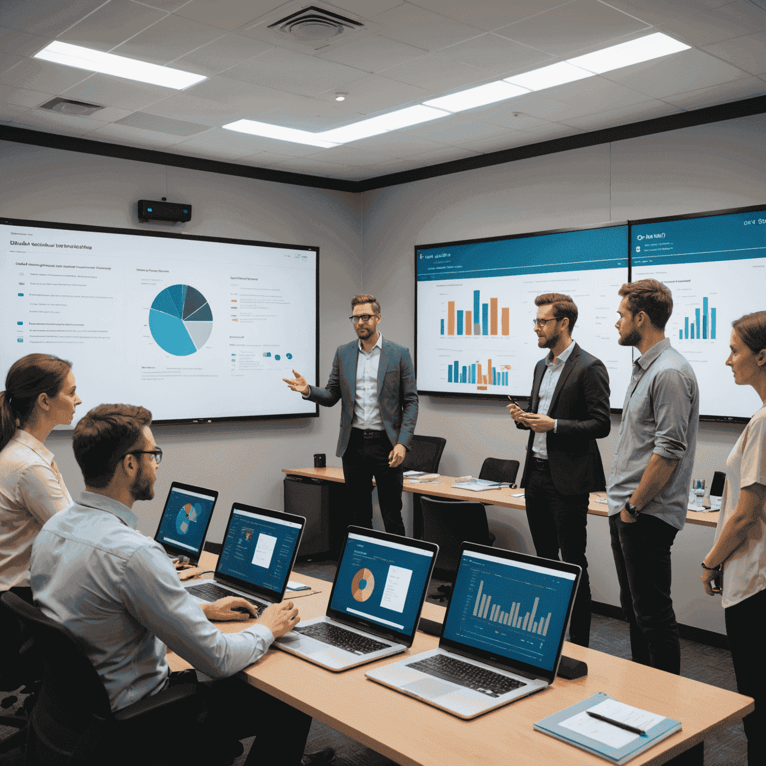 A group of professionals attending a data visualization training workshop, with a presenter demonstrating interactive dashboards on a large screen