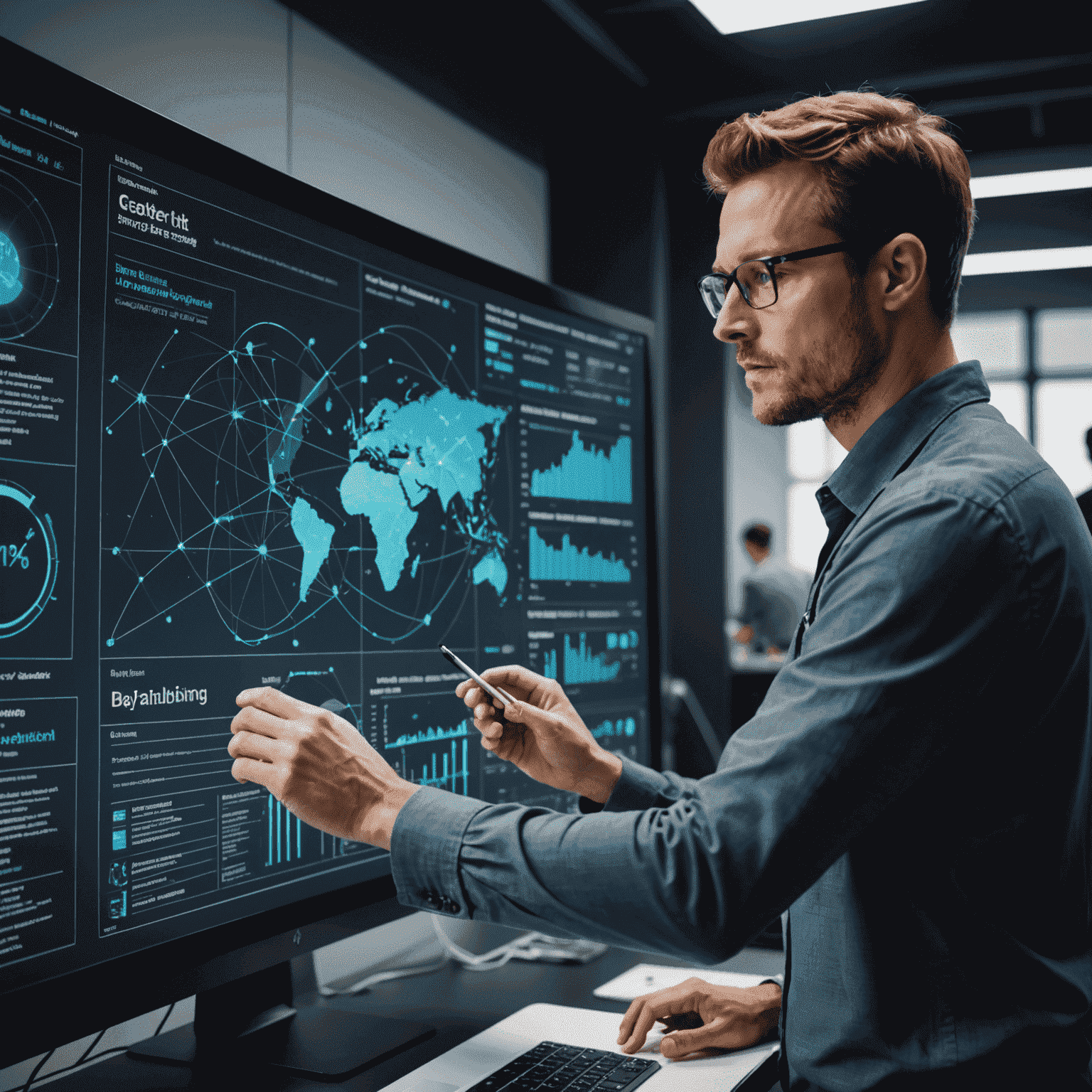 Data scientist working on a large touchscreen, manipulating complex data visualizations