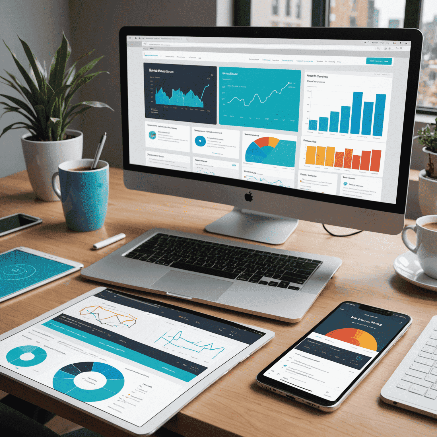 A collage of web application interfaces, showing responsive design across devices and featuring interactive data visualizations