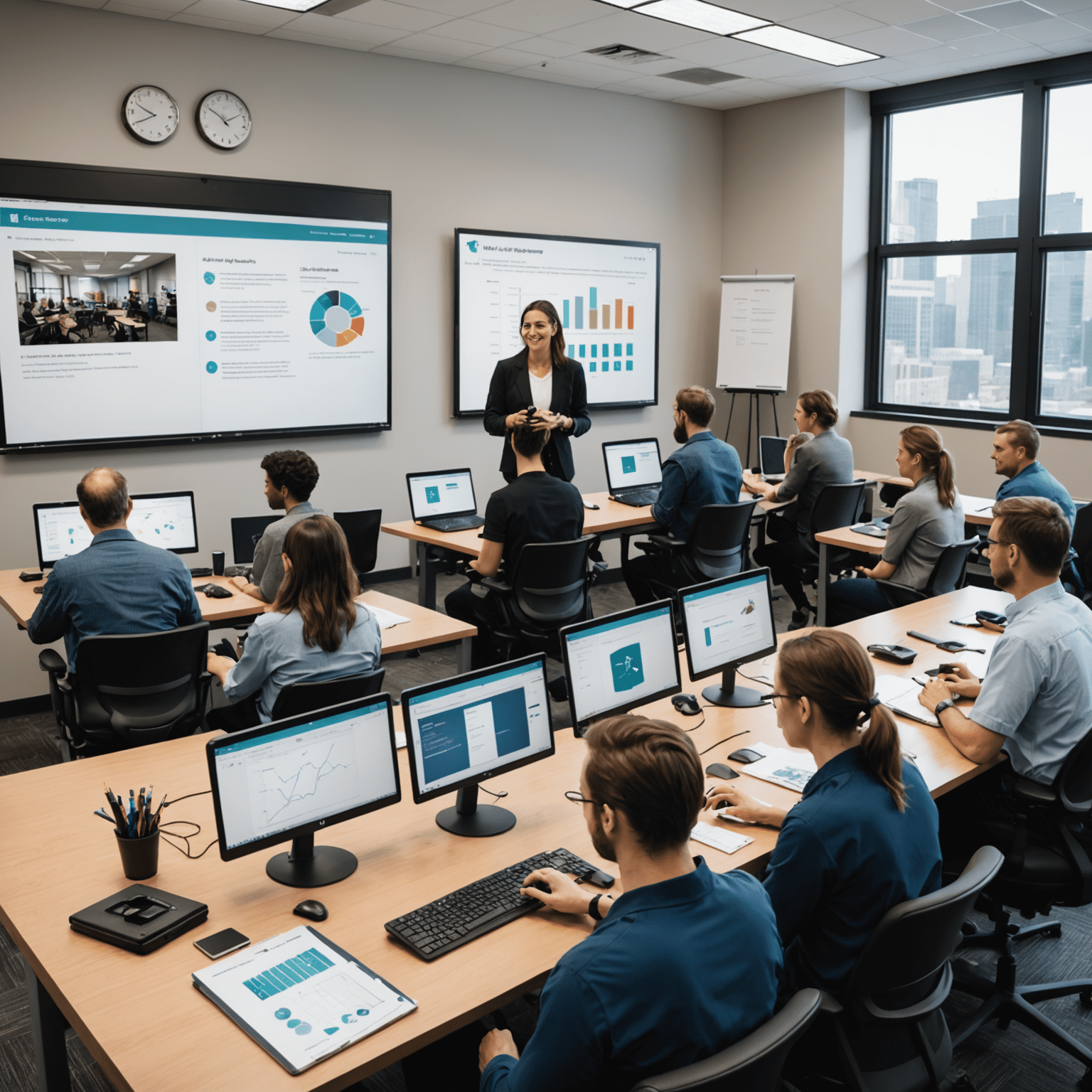 A montage of training scenarios, including virtual classrooms, hands-on workshops, and support team members assisting clients with data visualization tools